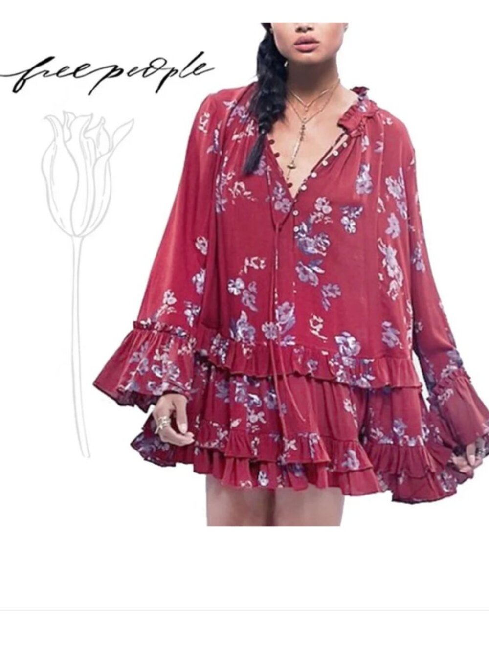 Free People Red Floral Print Ruffle Mini Dress